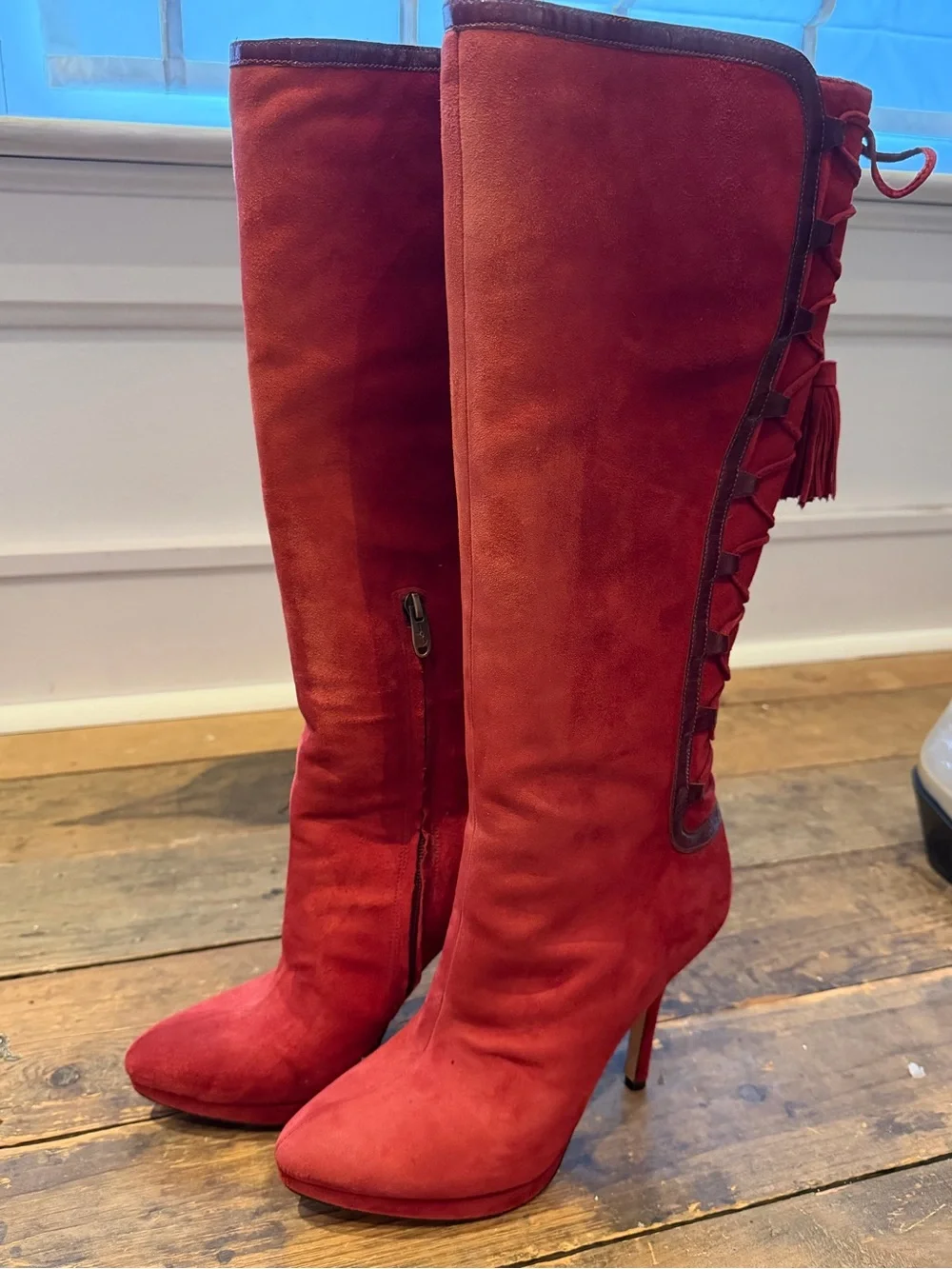 Joan & David Red Suede Tassel Lace-Up Over-the-Knee Boots
